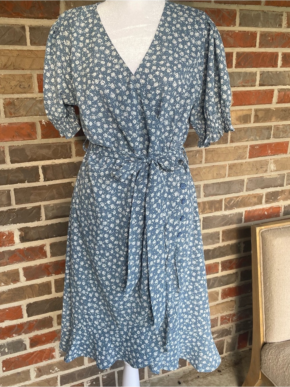 Blue Floral Wrap Midi Dress with Tie Waist